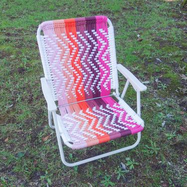 Handmade colorful macrame lawn or beach chair in pastel, white, and bright colors, unique outdoor furniture forest fathers vintage folding 