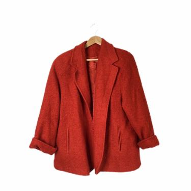 Vintage Red Wool Minimalist Boucle Blazer Jacket, Size Medium 