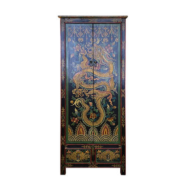 Chinese Tibetan Dragon Flower Graphic Tall Slim Wardrobe Cabinet cs6175E 