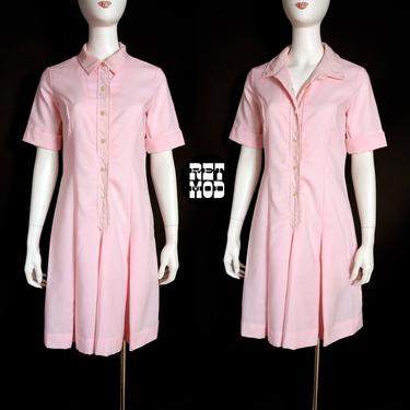 Easy Breezy Vintage 60s 70s Pastel Pink Collared Shirt Dress with Pleats 