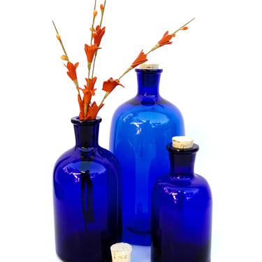 Set of Three Vintage Cobalt Blue Glass Apothecary Bottles | Assorted Size Rx/Medicinal | Essential Oil Bottles | Collectible Art Glass 