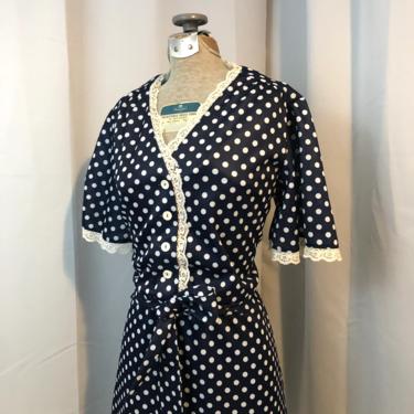 Polka Dot Dress 1970s vintage blue and white lace 12 L 