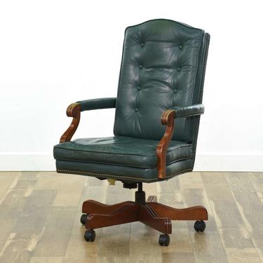Ethan Allen Vintage Green Leather Executive Chair