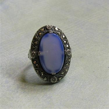 Antique Art Deco Sterling Silver, Blue Chalcedony &amp; Marcasite Ring - 1930s Size 7 Art Deco Cocktail Jewelry, Art Deco Ring (#3840) 