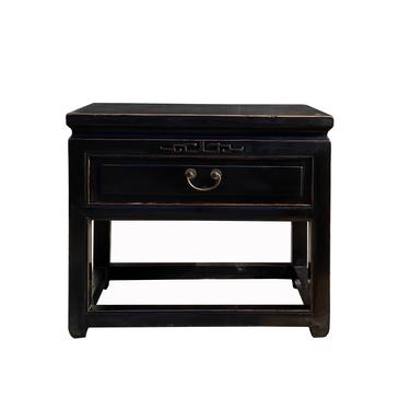 Oriental Distressed Black Lacquer Drawer End Table Nightstand cs7150E 