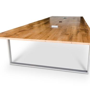 Wood Conference Table, Reclaimed White Oak with knife cut edge, steel U legs, Oil finish. Power not included, inquire for these details. 