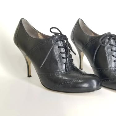 Vintage High Heel Brogues, Size 9.5 / Lace Up Heels / Womens Wingtip Black Leather Shoes / Sexy Stiletto Heels / Oxford Round Toe High Heels 