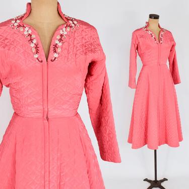 1940s Pink Quilted Robe | 40s Coral Quilted Dressing Gown | Bests Apparel | X Small 
