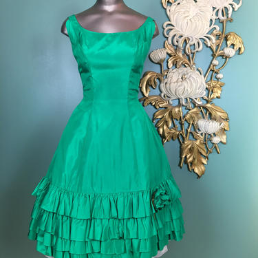 1960s party dress, vintage 60s dress, green satin dress, Emma Domb dress, 1960s formal, vintage prom, ruffled hem, 26 waist, mrs maisel 