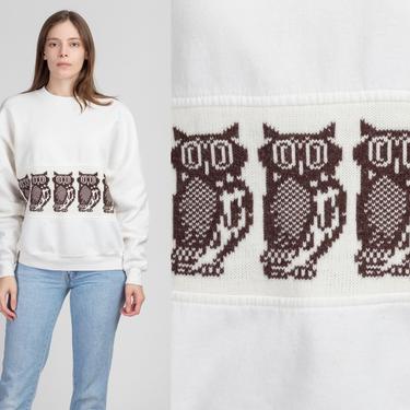 90s Owl Cross-Stitch Sweatshirt - Men's Large | Vintage White Knit Animal Graphic Pullover 