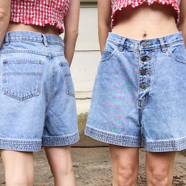 Vintage 80s Honors High Waisted Light Pale Blue Denim Button Up Stitched Cuff Grunge Summer Jean Shorts 29 