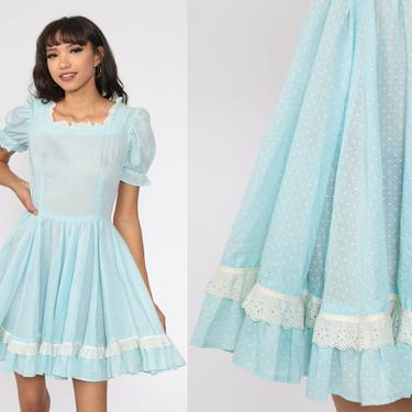 Blue Peasant Dress Country Dance 70s Puff Sleeve Square Dancing Lace Trim Midi Tiered Western Polka Dot Baby Blue Vintage Cottagecore Small 
