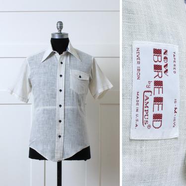 mens vintage 1970s shirt • lightweight short sleeve button up in semi sheer white fabric 
