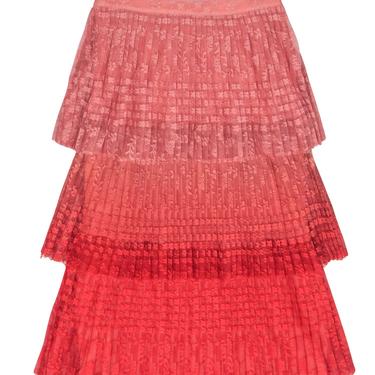 Maeve - Pink & Red Ombre Floral Jacquard Tiered Pleated Midi Skirt Sz 8