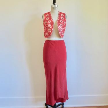 Vintage Indian Pakistani Embroidered Mirror Vest and Red Silk Bias Cut Maxi Skirt Tribal Gypsy Hippie Boho Size Small Medium 