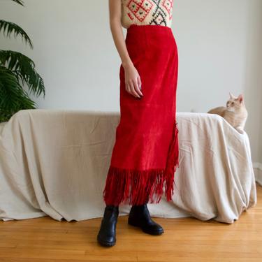 fringed red suede ankle grazing western skirt / 26w 