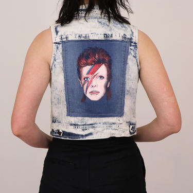 Hand painted Denim Vest/ David Bowie Denim Vest/ Painted Ziggy Stardust Vest/ 1990s Acid Wash Denim/ Xtra Small 