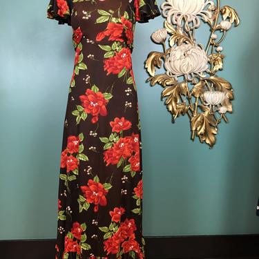 1970s maxi dress, vintage dress, brown floral dress, small, flutter sleeve dress, empire waist dress, tie back dress, orange flower print 