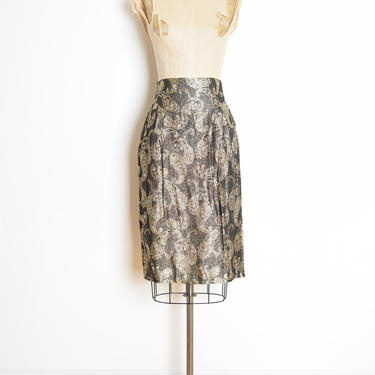 vintage 80s skirt metallic gold paisley high waisted slim pencil skirt S clothing 