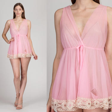 70s Pink Mini Babydoll - Small to Medium | Vintage Sheer Lingerie Costume Mini Dress 