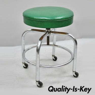 Vintage American Industrial Green Vinyl Adjustable Metal Frame Work Stool Chair