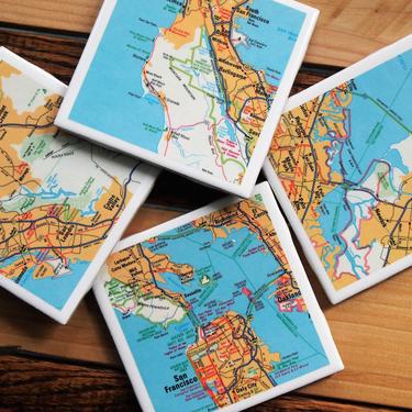 1990 San Francisco California area Handmade Repurposed Vintage Map Coasters - Set of 4 - Ceramic Tile - Repurposed 1990s State Farm Atlas 