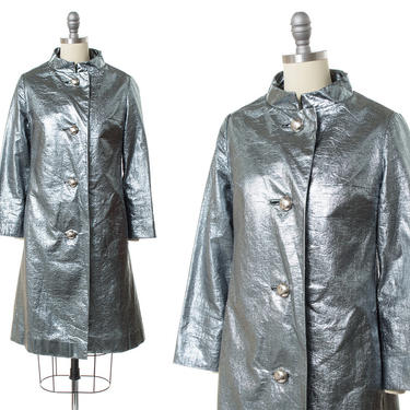 Vintage 1960s Raincoat | 60s Metallic Silver Foil Space Age Rain Coat Mod Rain Jacket (small) 
