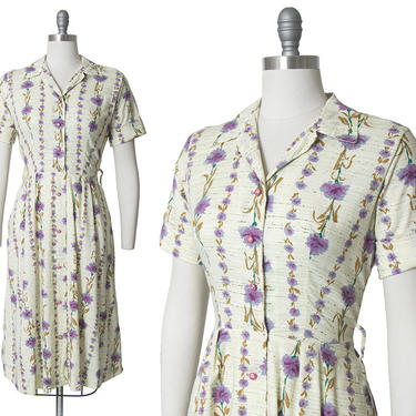 Vintage 1940s Dress | 40s Carnation Floral Print Cotton Shirt Dress Cream Purple Striped Shirtwaist Day Dress (medium) 