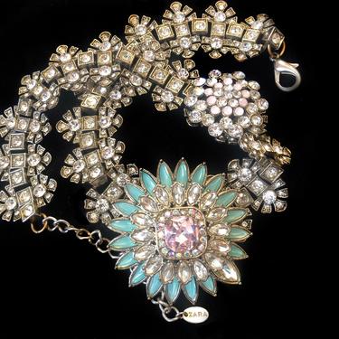 Vintage Zara floral crystal necklace with adjustable chain, all crystals intact, statement jewelry 