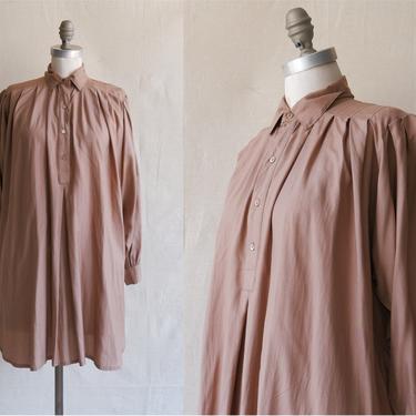 Vintage 80s Taupe Silk Shirtdress/ 1980s Pleated Shoulder Long Sleeve Tunic Mini Dress/ Size Medium Large 