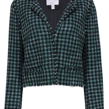 BOSS Hugo Boss - Black & Green Cotton Blend Cropped Plaid Tweed Jacket Sz 10