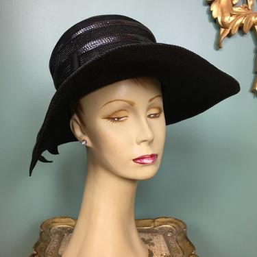 1960s straw hat, wide brim hat, vintage hat, 60s sun hat, dachettes, Lilly cache hat, striped black hat, classic hat, mrs maisel style, vlv 