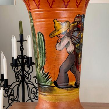 Vintage Bauer Los Angeles Mexican Folk Art Painted Floor Vase Umbrella Stand 
