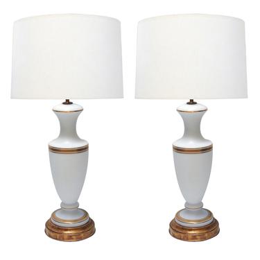 A Pair of French 1960's White Frosted Glass Lamps with Gilt Highlights