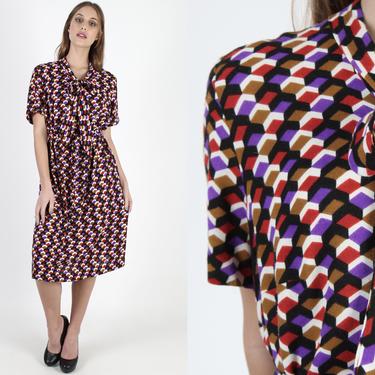 Vintage 60s Geometric Tile Dress Mod Bow Tie Bright Psychedelic Draped Shift Mini Dress 