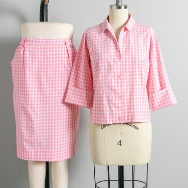 1960s Gingham Cotton Set Skirt Blouse S 