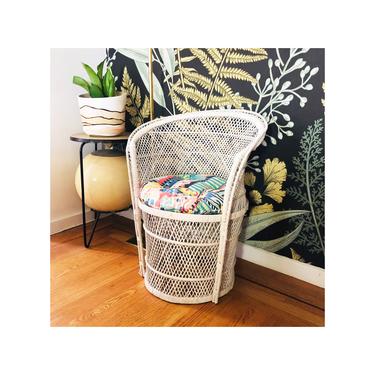Vintage White Wicker Bucket Chair / FREE SHIPPING 