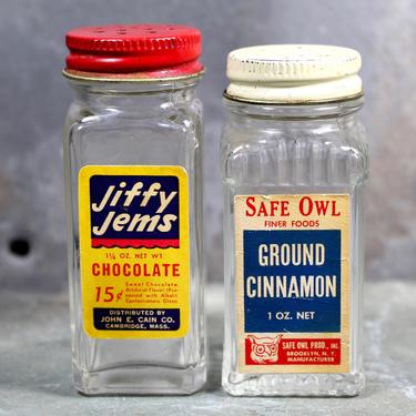 Vintage Pair of Spice Shaker Top Jars - Safe Owl Cinnamon - Jiffy Jems Chocolate - Vintage Jars Original Labels &amp; Metal Lids 