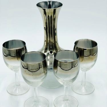 Mid Century Silver Fade Carafe &amp; Wine Glasses, Petite Goblets, Dorothy Thorpe Style, Decanter, Vintage Bar Barware, Cocktail, Retro Sherry 
