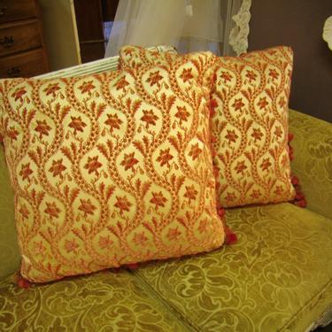 Pr Large Antique European Cut Velvet Pillows with Fringe 