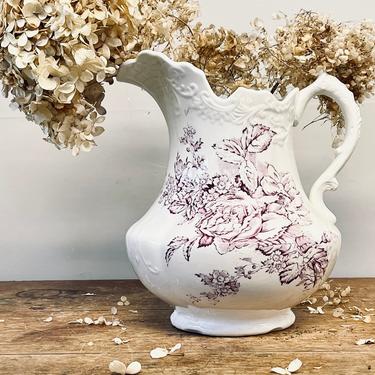 Antique Wyandotte Ford China Co Water Pitcher | Purple Flowers | 1800s Water Basin | Shabby Chic | Vase | White Pitcher 