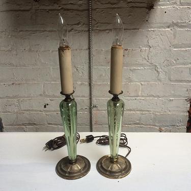 Lamp week: antique green etched glass, pair