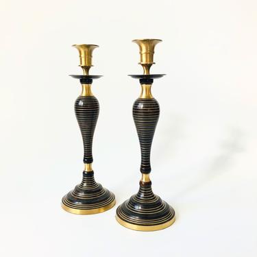 Tall Vintage Black and Brass Candle Holders / Set of 2 