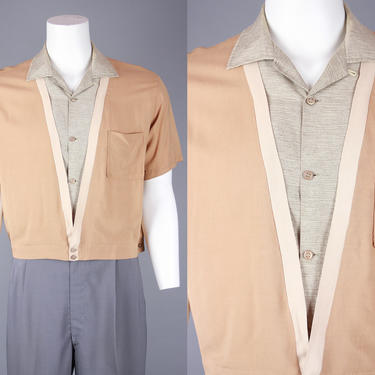 1950s Tri-Tone Shirt | Vintage 50s 60s Men's 'Pilgrim' Short Sleeve Shirt with Silk &amp; Cotton Trim | L XL 