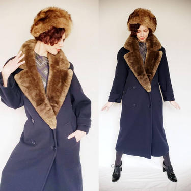 1980s Perry Ellis Portfolio Coat with Sheared Beaver Fur Collar/ 80s 90s Minimalist Navy Blue Wool Long Coat / Medium 