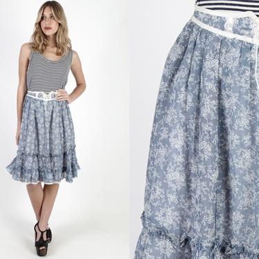 Vintage 70s Gunne Sax Skirt Blue Calico Floral Prairie High Waist Tiered Mini Midi Skirt 