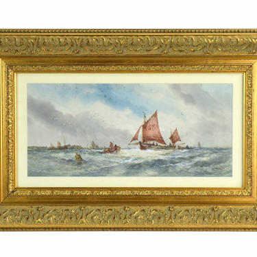 Antique 19th Century Watercolor Painting Sailboats Shoreham Sussex Sgd W. Stewart 