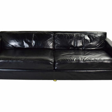 Vintage Mid-Century Modern Black Leather Sofa On Casters 