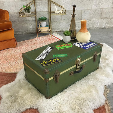 LOCAL PICKUP ONLY Vintage Trunk Retro 1960s Large Green Trunk + 3 Locks + Metal Finished Corners + Personalized with Stickers + Coffee Table 