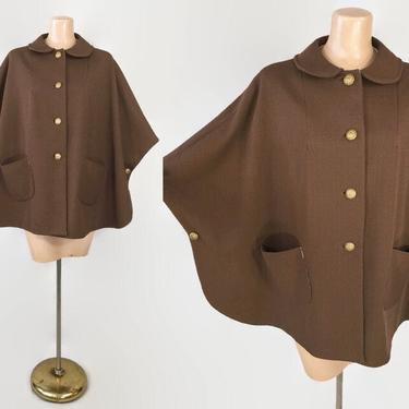 VINTAGE 60s MOD Brown Cape Jacket With Pockets | 1960s MCM Cape Swing Coat With Gold Buttons | One Size 